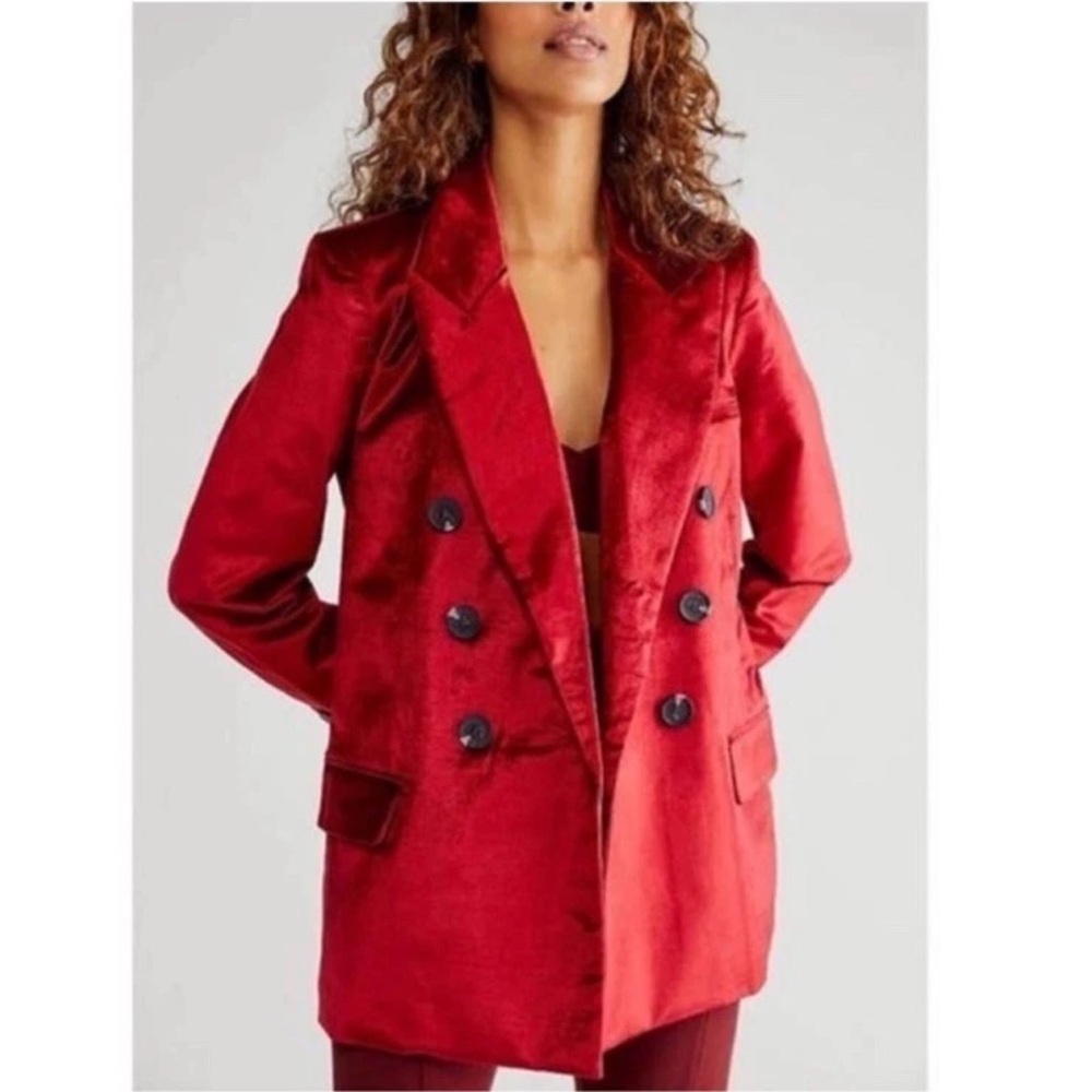 Free People Red Velvet Ashby Blazer Double Breasted Jacket Sz S